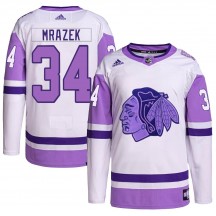 Youth Adidas Chicago Blackhawks Petr Mrazek White/Purple Hockey Fights Cancer Primegreen Jersey - Authentic
