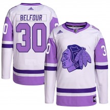 Men's Adidas Chicago Blackhawks ED Belfour White/Purple Hockey Fights Cancer Primegreen Jersey - Authentic