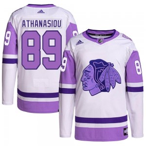 Youth Adidas Chicago Blackhawks Andreas Athanasiou White/Purple Hockey Fights Cancer Primegreen Jersey - Authentic