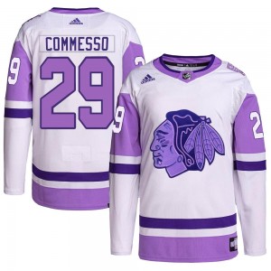 Youth Adidas Chicago Blackhawks Drew Commesso White/Purple Hockey Fights Cancer Primegreen Jersey - Authentic