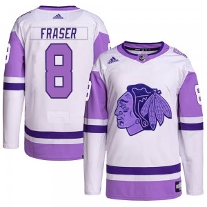 Youth Adidas Chicago Blackhawks Curt Fraser White/Purple Hockey Fights Cancer Primegreen Jersey - Authentic
