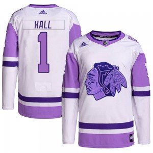 Youth Adidas Chicago Blackhawks Glenn Hall White/Purple Hockey Fights Cancer Primegreen Jersey - Authentic