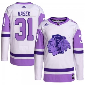 Youth Adidas Chicago Blackhawks Dominik Hasek White/Purple Hockey Fights Cancer Primegreen Jersey - Authentic