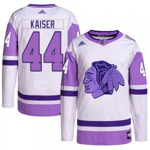 Youth Adidas Chicago Blackhawks Wyatt Kaiser White/Purple Hockey Fights Cancer Primegreen Jersey - Authentic