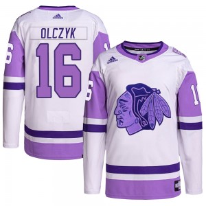 Youth Adidas Chicago Blackhawks Ed Olczyk White/Purple Hockey Fights Cancer Primegreen Jersey - Authentic
