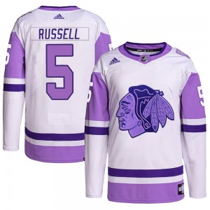 Youth Adidas Chicago Blackhawks Phil Russell White/Purple Hockey Fights Cancer Primegreen Jersey - Authentic