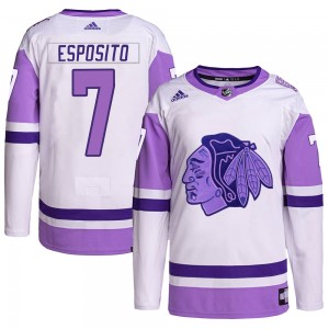 Men's Adidas Chicago Blackhawks Phil Esposito White/Purple Hockey Fights Cancer Primegreen Jersey - Authentic