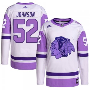 Men's Adidas Chicago Blackhawks Reese Johnson White/Purple Hockey Fights Cancer Primegreen Jersey - Authentic