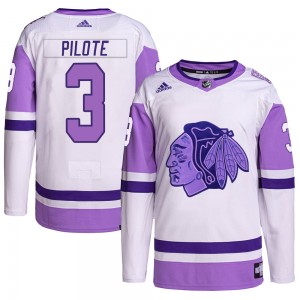 Men's Adidas Chicago Blackhawks Pierre Pilote White/Purple Hockey Fights Cancer Primegreen Jersey - Authentic