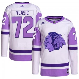 Men's Adidas Chicago Blackhawks Alex Vlasic White/Purple Hockey Fights Cancer Primegreen Jersey - Authentic