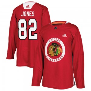 Men's Adidas Chicago Blackhawks Caleb Jones Red Home Practice Jersey - Authentic