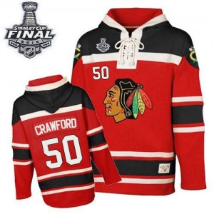 Youth Chicago Blackhawks Corey Crawford Red Old Time Hockey Sawyer Hooded Sweatshirt 2015 Stanley Cup Patch - Authentic