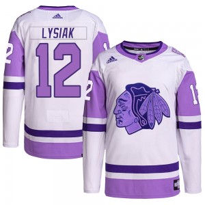 Youth Adidas Chicago Blackhawks Tom Lysiak White/Purple Hockey Fights Cancer Primegreen Jersey - Authentic