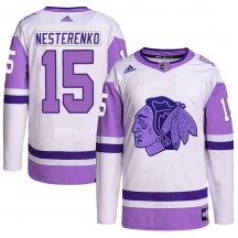 Youth Adidas Chicago Blackhawks Eric Nesterenko White/Purple Hockey Fights Cancer Primegreen Jersey - Authentic