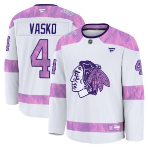 Men's Fanatics Chicago Blackhawks Elmer Vasko White 2024 Hockey Fights Cancer Practice Jersey - Premium
